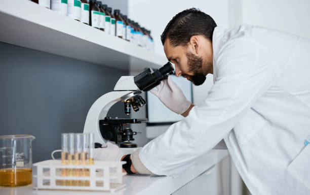 istock Science, microscope and innovation with a doctor man at work in a laboratory for research or development. Medical, analytics and biotechnology with a male scientist working in a lab for breakthrough 1482187450