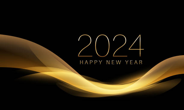 ilustrações de stock, clip art, desenhos animados e ícones de 2024 new year with abstract shiny color gold wave design element and glitter effect on dark background. for calendar, poster design - backgrounds light wave pattern waving