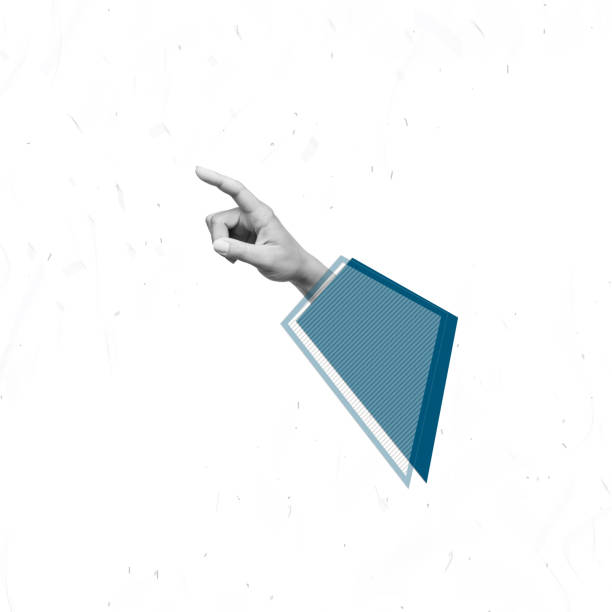 istock Woman's hand in blue sleeve points to the side at copy empty blank space for design on white color 1482188772