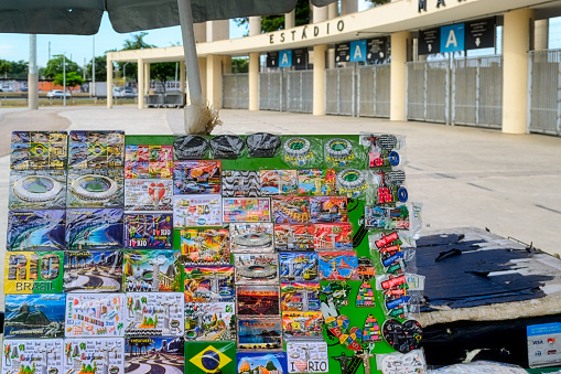 Rio de Janeiro, Brazil - April 4, 2023: Street souvenir selling in the exterior area of the Mario Filho stadium.