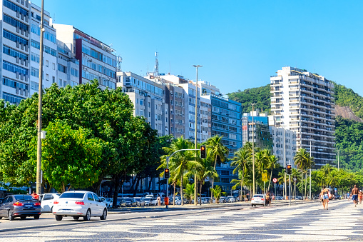 Rio de Janeiro, Brazil - April 4, 2023: Copacabana cityscape and skyline. A group of modern residential buildings lined up in the waterfront district.