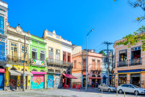 Rio de Janeiro, Brazil - April 4, 2023: Pedra do Sal district. The beautiful architecture of traditional buildings painted in pastel colors