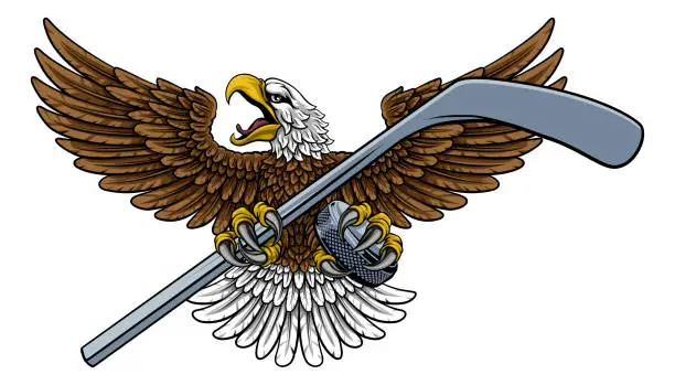 Vector illustration of Bald Eagle Hawk Ice Hockey Mascot Stick and Puck