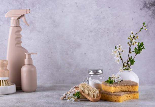 istock Eco cleaning with bottles, brushes and sponges 1482195384
