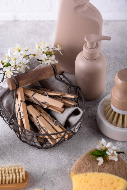 istock Eco cleaning with bottles, brushes and sponges 1482195387
