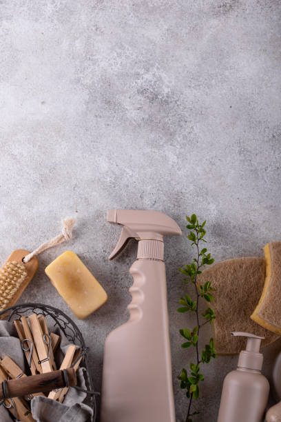 istock Eco cleaning with bottles, brushes and sponges 1482195396