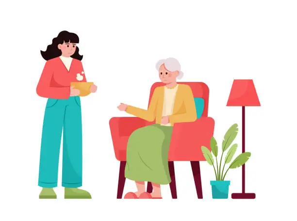 Vector illustration of Cartoon characters of little girl spending time with her grandmother at home
