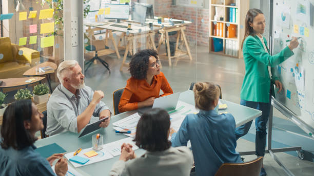 istock Female CEO Holding a Conference in a Meeting Room, Explaining EDI Concepts to Employees Using a Whiteboard. Smiling Woman in Casual Smart Clothes Using Charts, Statistics, Mindmapping 1482197828