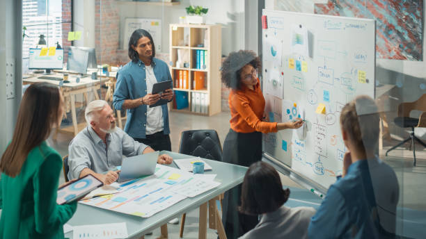 istock Modern Creative Agency Meeting: Confident Black Female Engineer Uses Whiteboard, Makes Report to a Group of Engineers, Managers Talks, and Shows Statistics, Growth and Analysis Information 1482199124