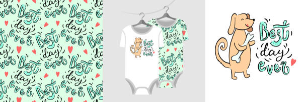 nahtloses scribble-muster und illustrationsset - ein süßer hund mit text bester tag aller zeiten - dog baby t shirt child stock-grafiken, -clipart, -cartoons und -symbole