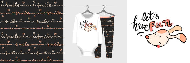 illustrazioni stock, clip art, cartoni animati e icone di tendenza di set di modelli e illustrazioni senza cuciture - un dolce cane con e scritte divertiamoci - dog baby t shirt child