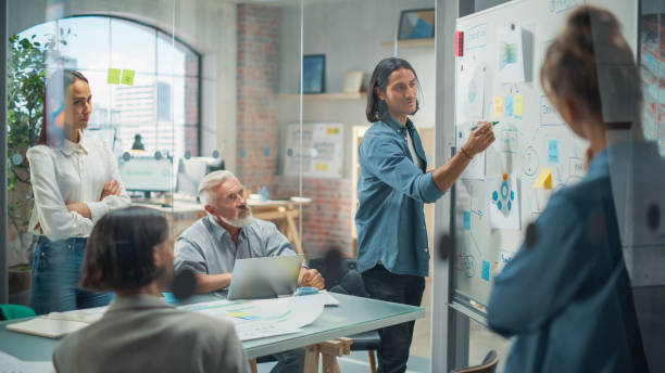 istock Project Manager Makes a Presentation for a Diverse Creative Team in Meeting Room in an Agency. Colleagues Sit Behind Conference Table and Discuss Business Development, User Interface and Design. 1482199879