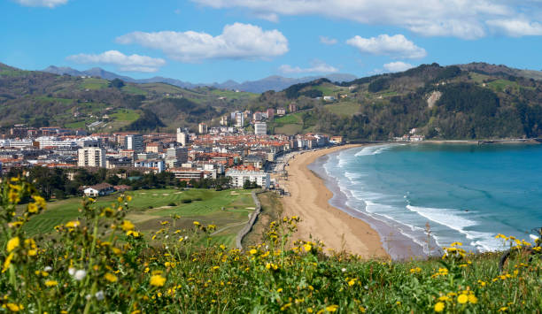 sunset over City of Zarautzm Basque Country, Spain stock photo
