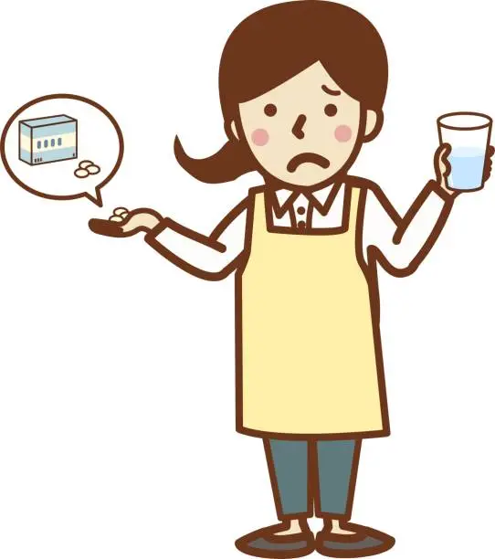 Vector illustration of A woman in an apron who takes medicine.