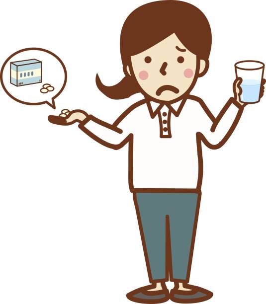 ilustrações de stock, clip art, desenhos animados e ícones de a woman in an apron who takes medicine. - taking pills glass pill white background