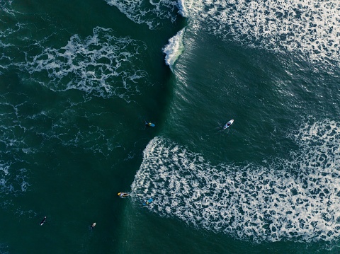 Three people in wetsuits are riding the waves on surfboards in the open ocean waters near a coastal shoreline