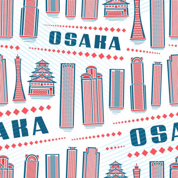 Vector Osaka Seamless Pattern Vector Osaka Seamless Pattern, square repeating background with illustration of famous osaka city scape on white background for wrapping paper, decorative line art urban poster with blue text osaka japanese castle stock illustrations