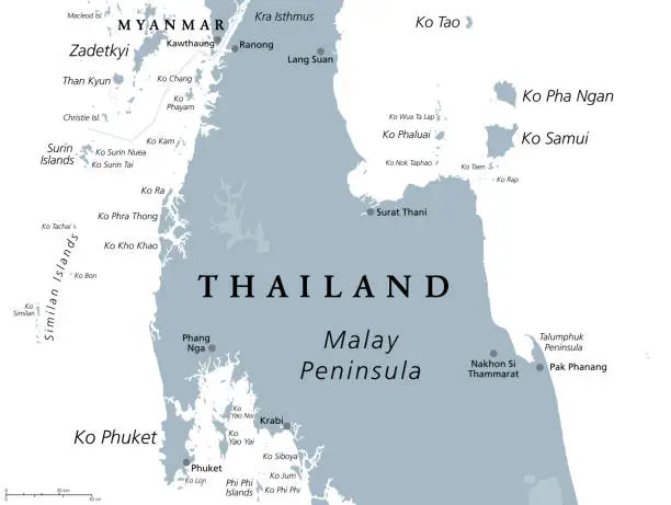 Vector illustration of From Ko Samui to Phuket, Thailand, gray political map