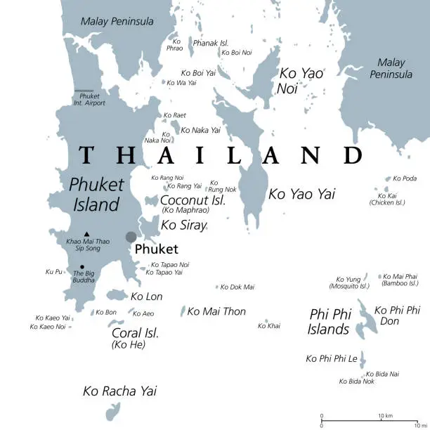 Vector illustration of Phuket, largest Island of Thailand, gray political map, with surrounding area