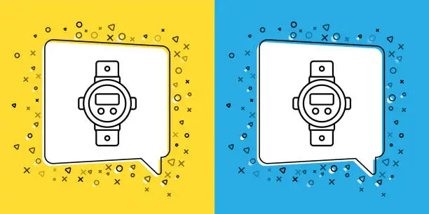 Vector illustration of Set line Diving watch icon isolated on yellow and blue background. Diving underwater equipment. Vector