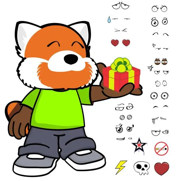 Vector illustration of gift red panda kid character cartoon clothing, expressions pack