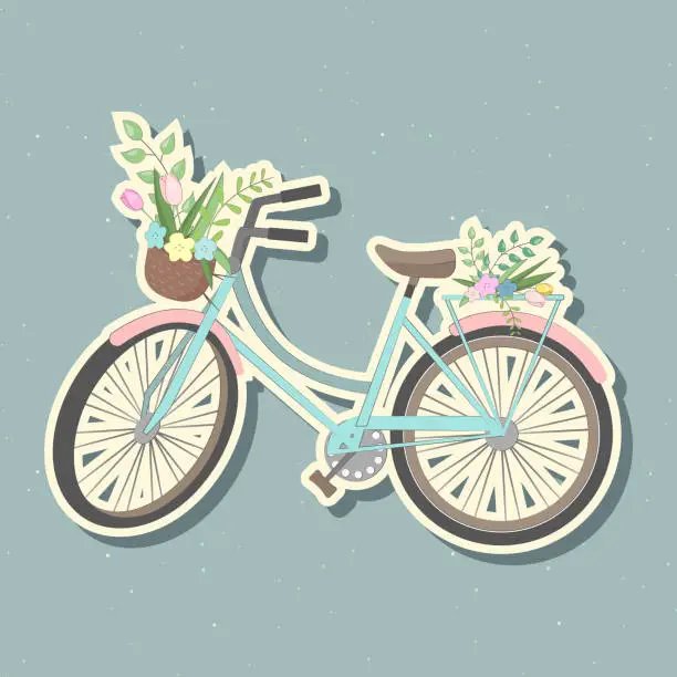 Vector illustration of Cute bicycle with colorful flowers and basket. Sticker retro bike, basket with flowers and plants. Vector illustration