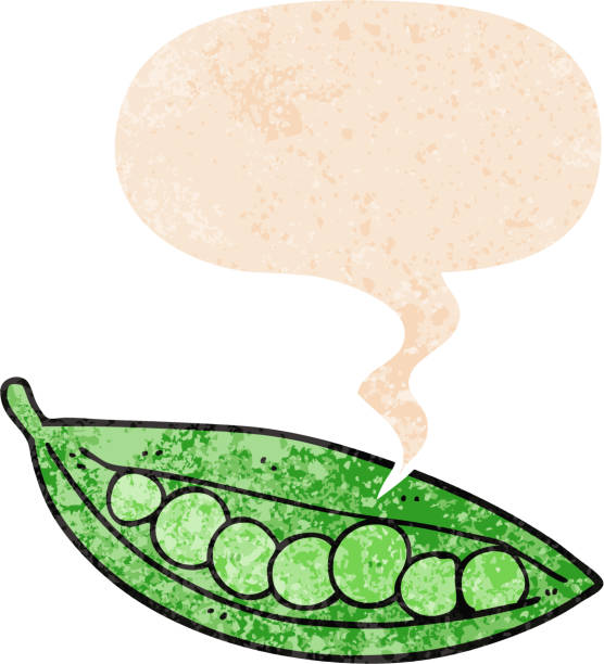cartoon erbsen in schote mit sprechblase im grunge distressed retro textured style - green pea pea pod vegetable cute stock-grafiken, -clipart, -cartoons und -symbole