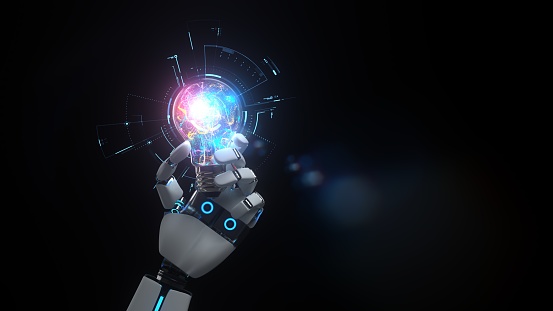 Humanoid robot hand with a colorful bulb. 3d illustration.