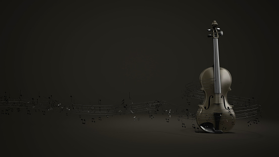 A violin with flying sheet music. 3d illustration.
