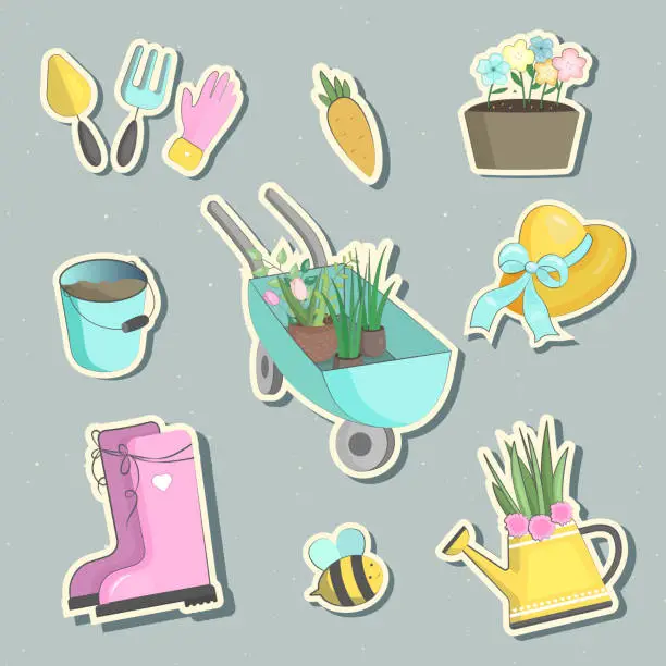 Vector illustration of Gardening theme, tools, plants, accessories. Collection of hand drawn vector illustrations. Elements for design, print, decor, card, sticker, banner