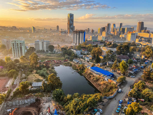 Aerial overview of Addis Abeba city, the capital of Ethiopia, showing brand new buildings and construction in the foreground, city centre and suburbs, Ethiopia stock photo