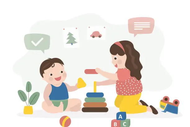 Vector illustration of Cute girl plays together her little brother with pyramid. Playroom, happy children play toys. Preschoolers spend time playing with various toys. Caucasian kids. Childhood, games.