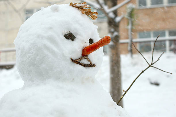 Funny snowman with carrot nose. stock photo