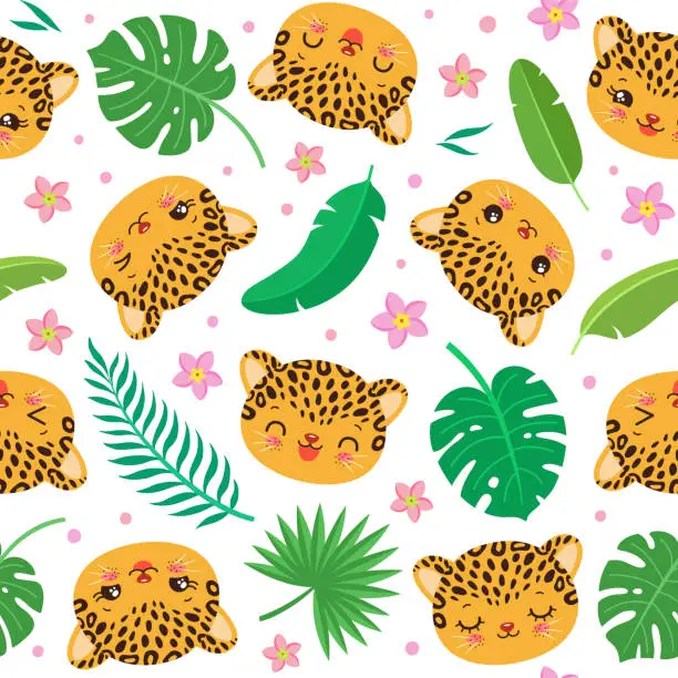 Vector illustration of Cute cheetah seamless pattern. Leopard face kawaii style.