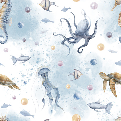 Seamless Pattern with Undersea animals. Hand drawn watercolor illustration with sea turtle and octopus. Backdrop with abstract spots and water bubbles for textile nautical design or wrapping paper.