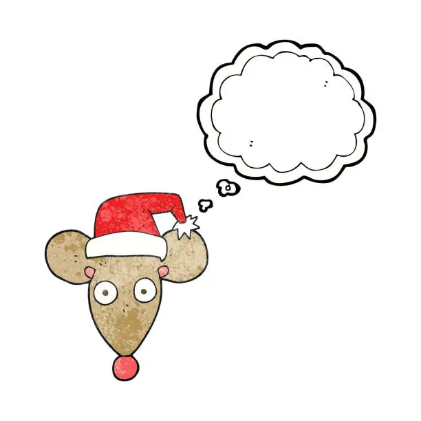 Vector illustration of freehand drawn thought bubble textured cartoon mouse in christmas hat