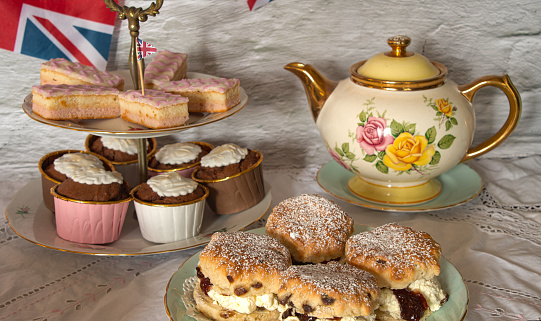 Coronation  celebration  street party  vintage  tea  party  with  crown  bread