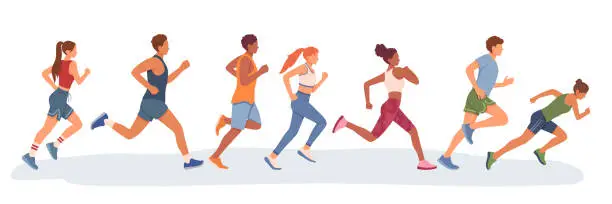 Vector illustration of Set of different cartoon characters of young people running