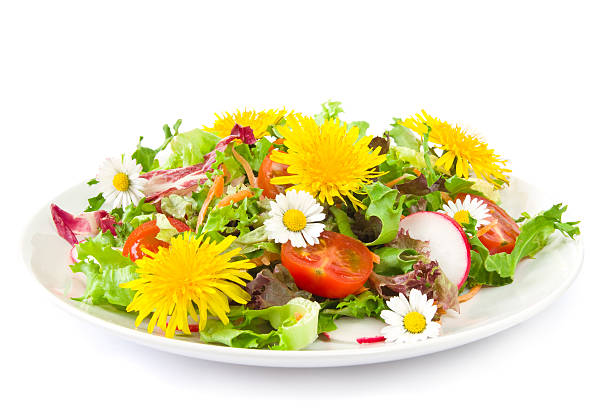 Salad with blossoms Fresh spring salad with eatable blossoms. (dandelion and daisy) edible flower stock pictures, royalty-free photos & images