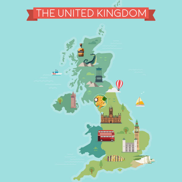 Map of United Kingdom with famous landmarks. Map of Great Britain, United Kingdom with famous landmarks. north downs stock illustrations