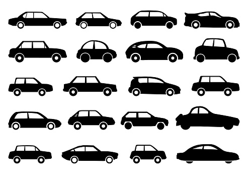 Various car models in black for signs as vector graphics and clip arts.