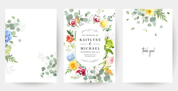 Colorful tulips, blue hyacinth, green hydrangea, magenta orchid, pink and yellow rose vector design invitation frames Colorful tulips, blue hyacinth, green hydrangea, magenta orchid, pink and yellow rose vector design invitation frames. Wedding greenery. Watercolor style cards. Summer style. Isolated and editable hyacinth red stock illustrations