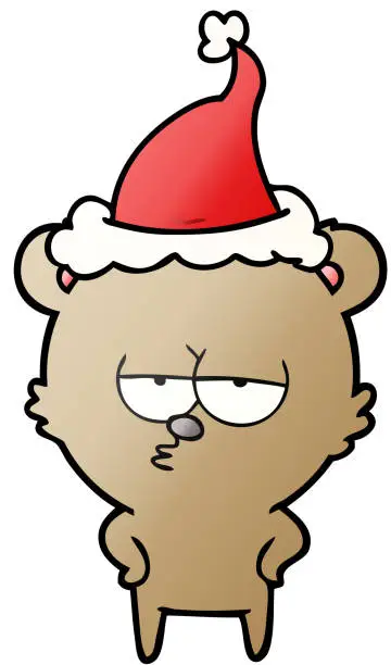 Vector illustration of bored bear hand drawn gradient cartoon of a wearing santa hat