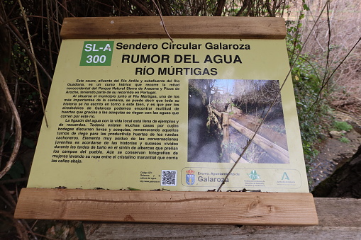 Castano del Robledo, Huelva, Spain, March 31, 2023: Informative poster of a hiking route on the outskirts of Castano del Robledo, magical town of Andalusia. Huelva, Spain
