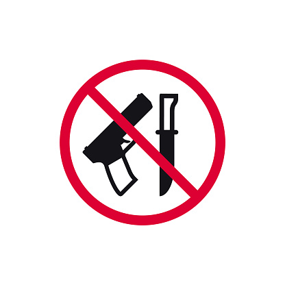 No weapons prohibited sign, forbidden modern round sticker, vector illustration.