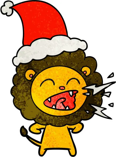 Vector illustration of hand drawn textured cartoon of a roaring lion wearing santa hat