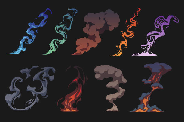 Color cartoon smoke effects on gray background Color cartoon smoke effects on gray background in vector smoke illustrations stock illustrations