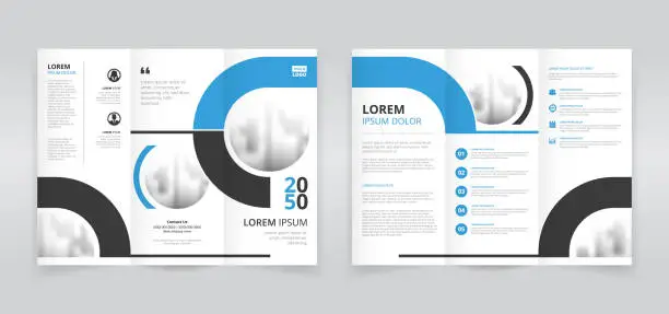 Vector illustration of Minimal trifold brochure template with blue and black circular and horizontal stripes
