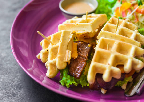 istock Belgian waffles Char siu pork with salad close up 1482226227