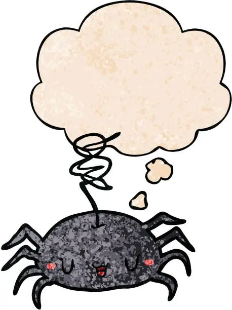 Vector illustration of cartoon spider with thought bubble in grunge texture style